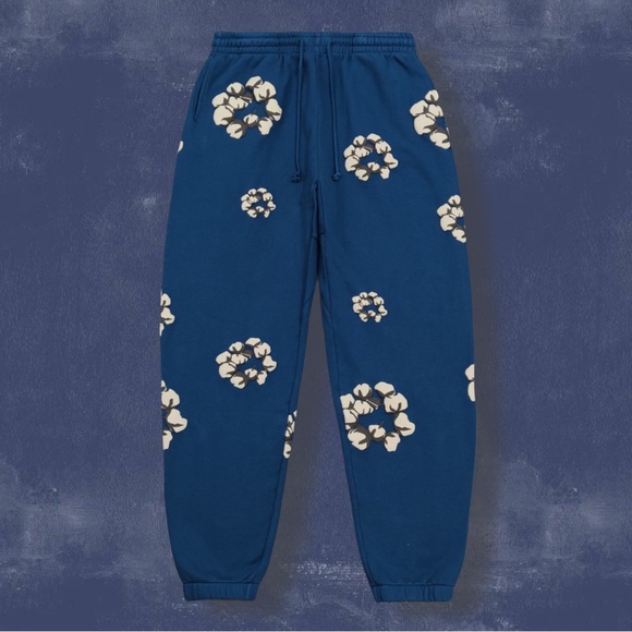 Cream and Blue Floral Joggers with Ribbed Cuffs
